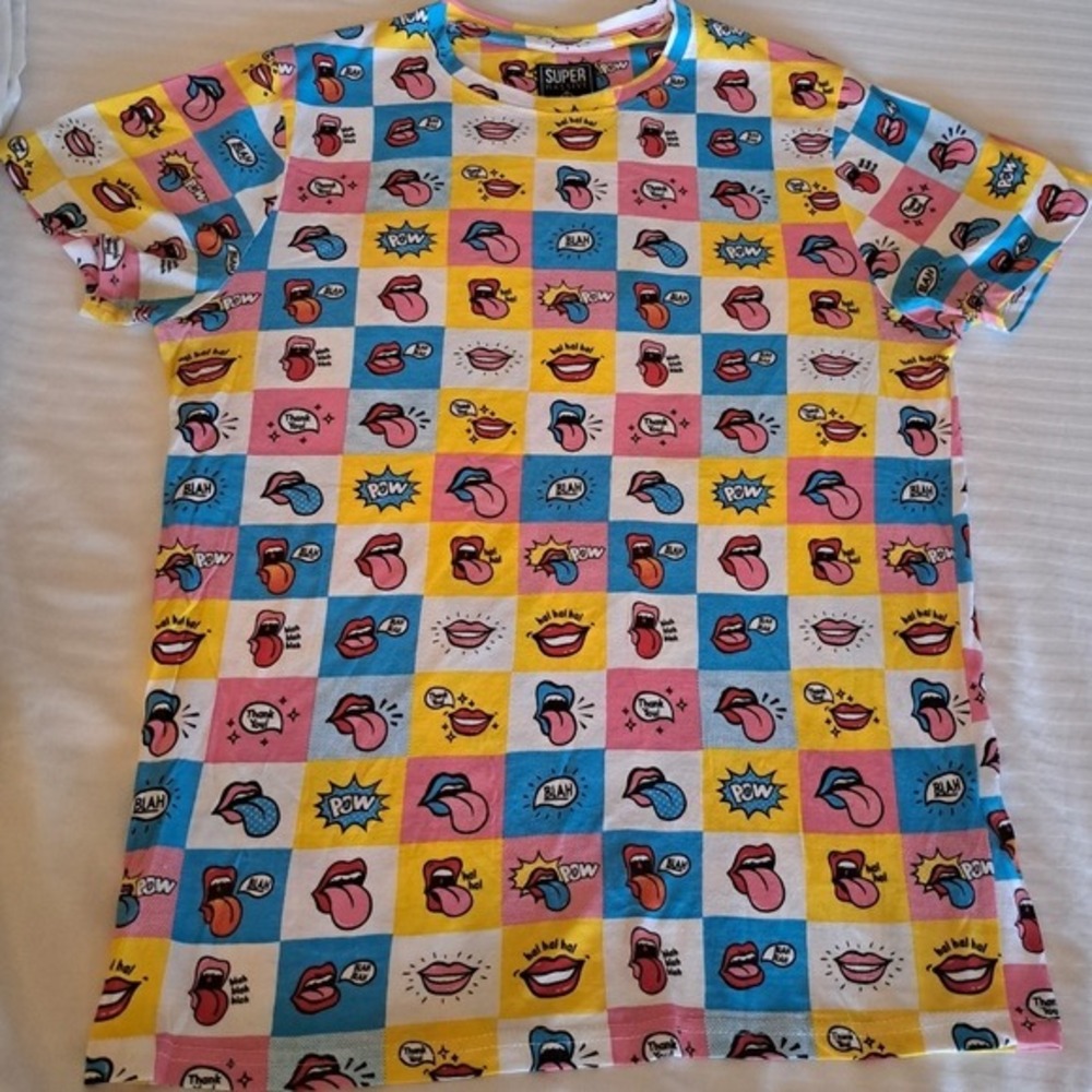 Super Massive Pop Art‎ Lips Checkered T-Shirt Mens Medium Multicolor Graphic Tee